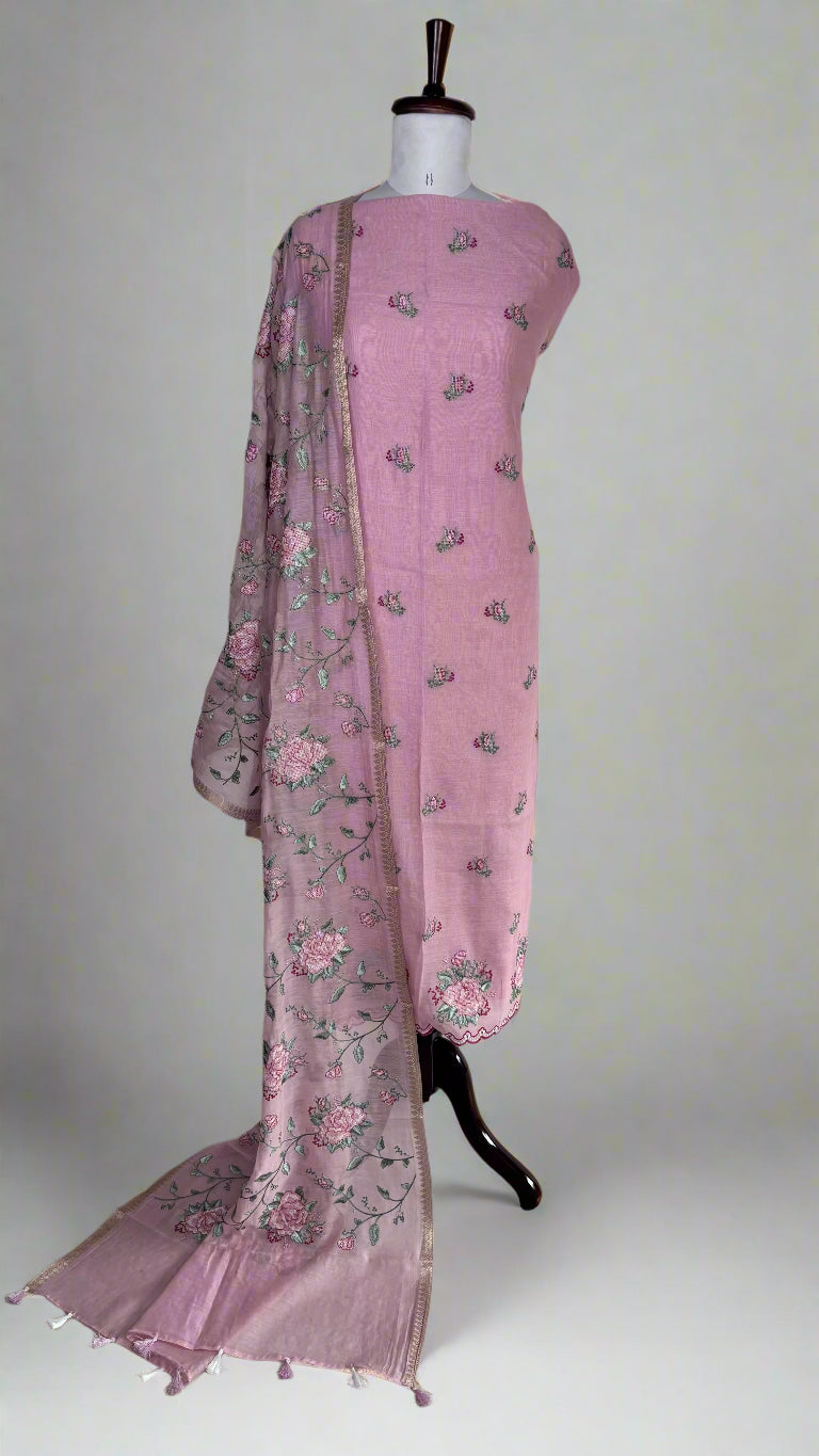 Mulmul Chanderi Cross Stitched Embroidery Suit