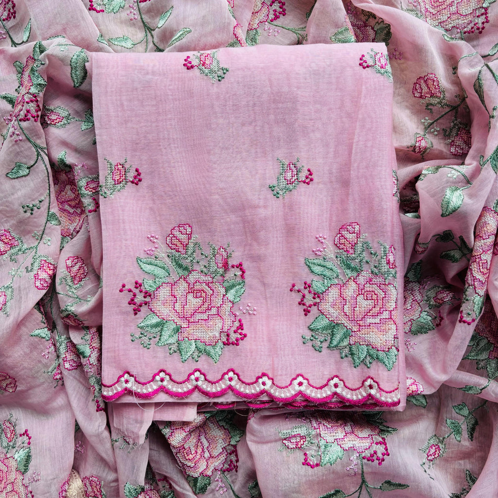 Mulmul Chanderi Cross Stitched Embroidery Suit