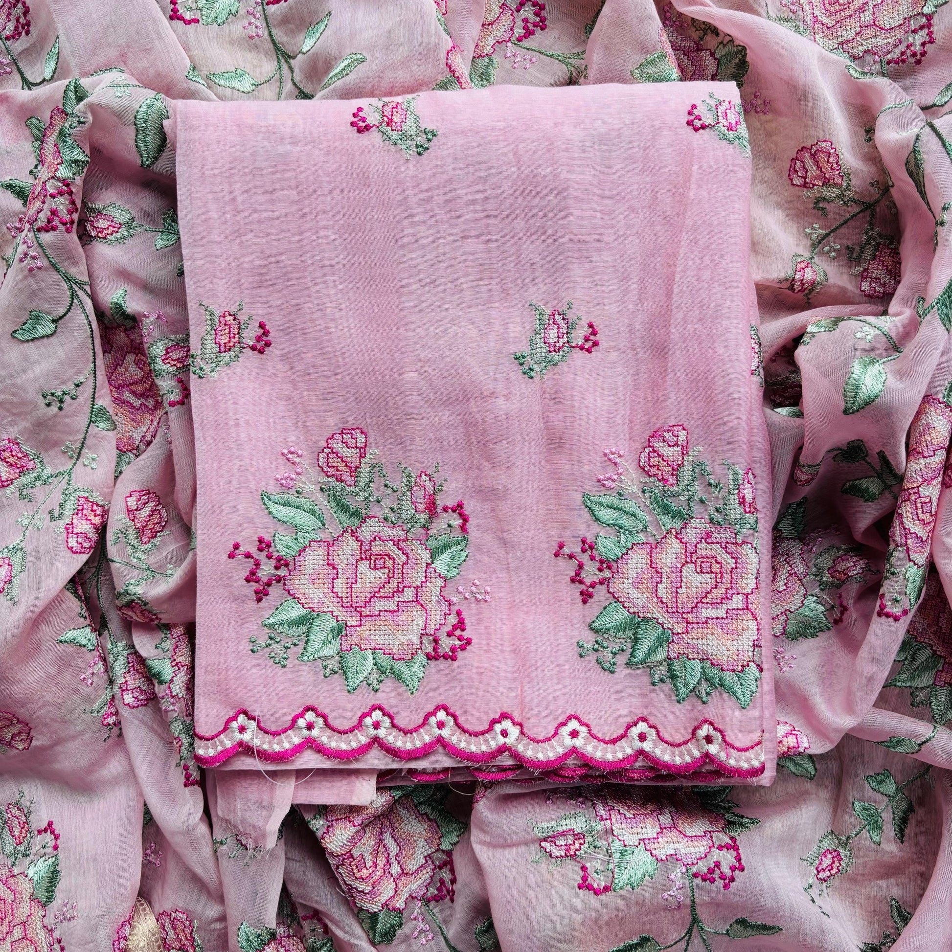 Mulmul Chanderi Cross Stitched Embroidery Suit