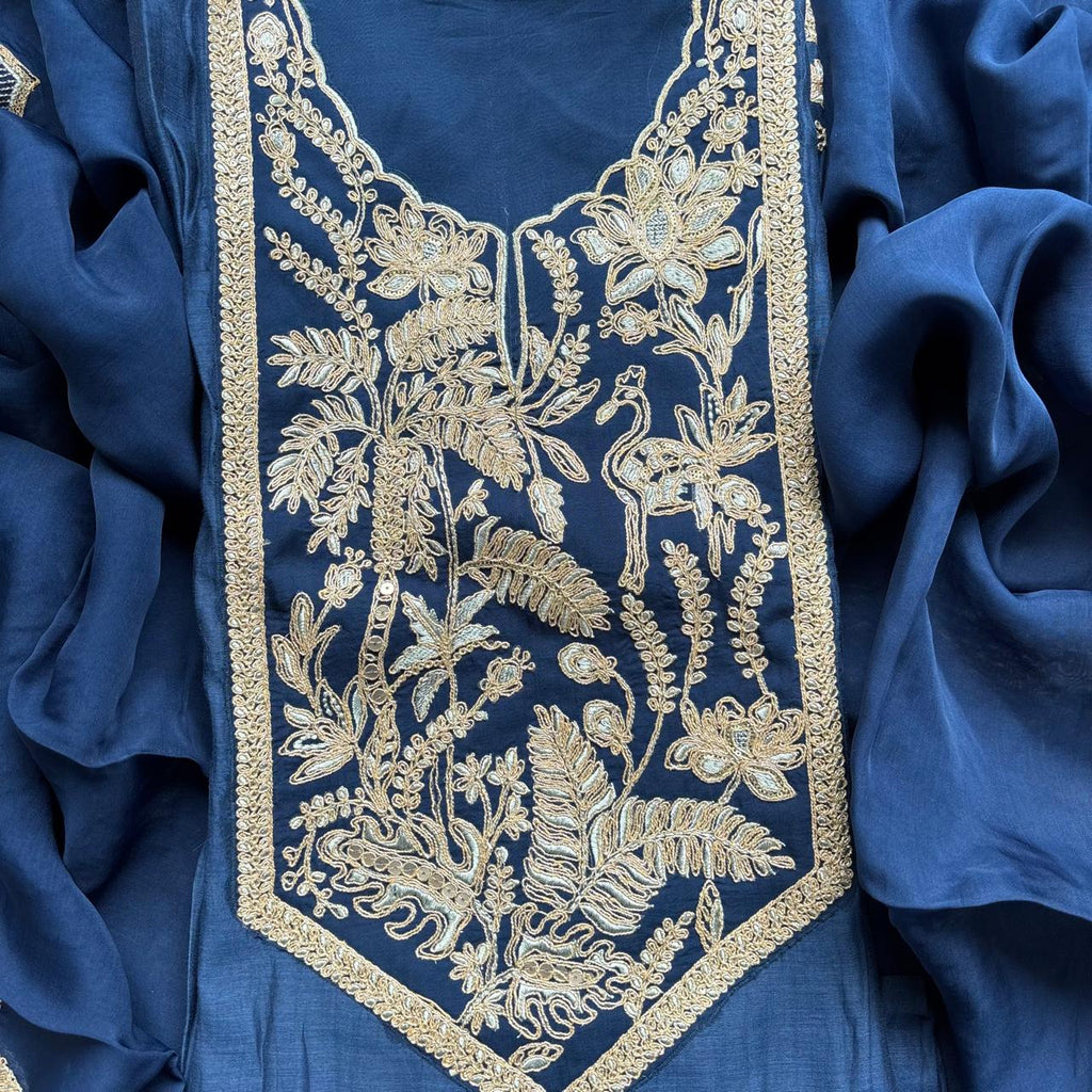 Blue Pure Mulmul Chanderi with Organza dupatta with Zari embroidery