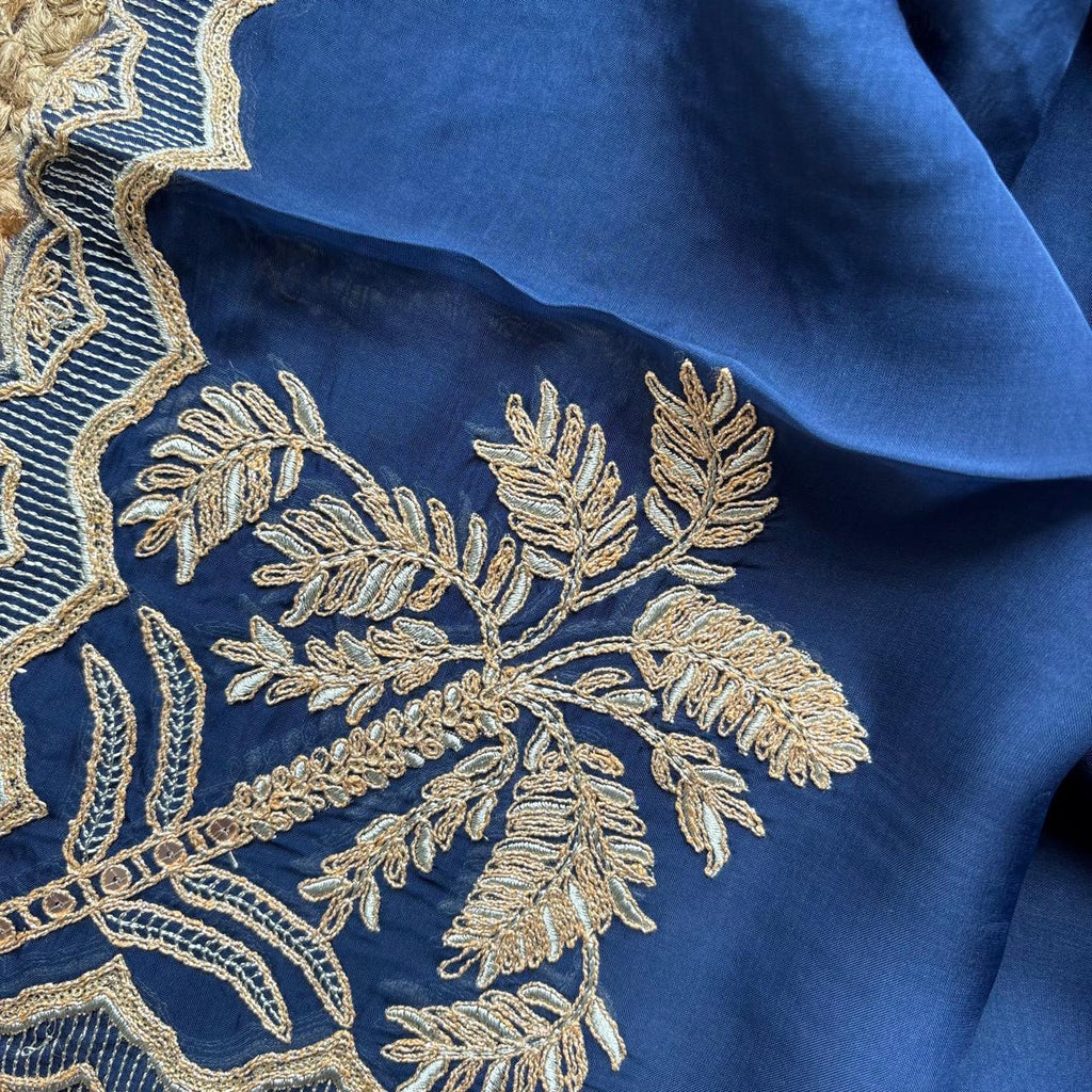 Blue Pure Mulmul Chanderi with Organza dupatta with Zari embroidery