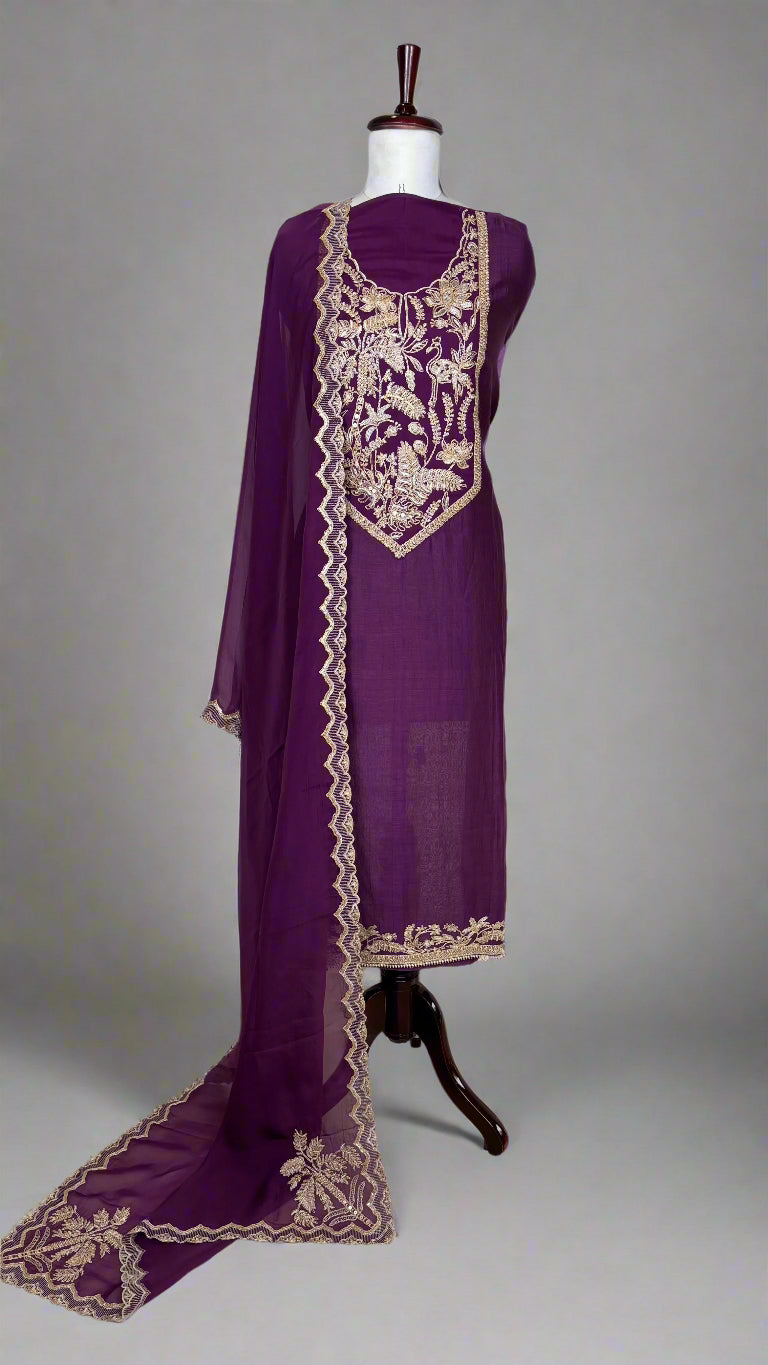 Purple Pure Mulmul Chanderi with Organza dupatta with Zari dupatta