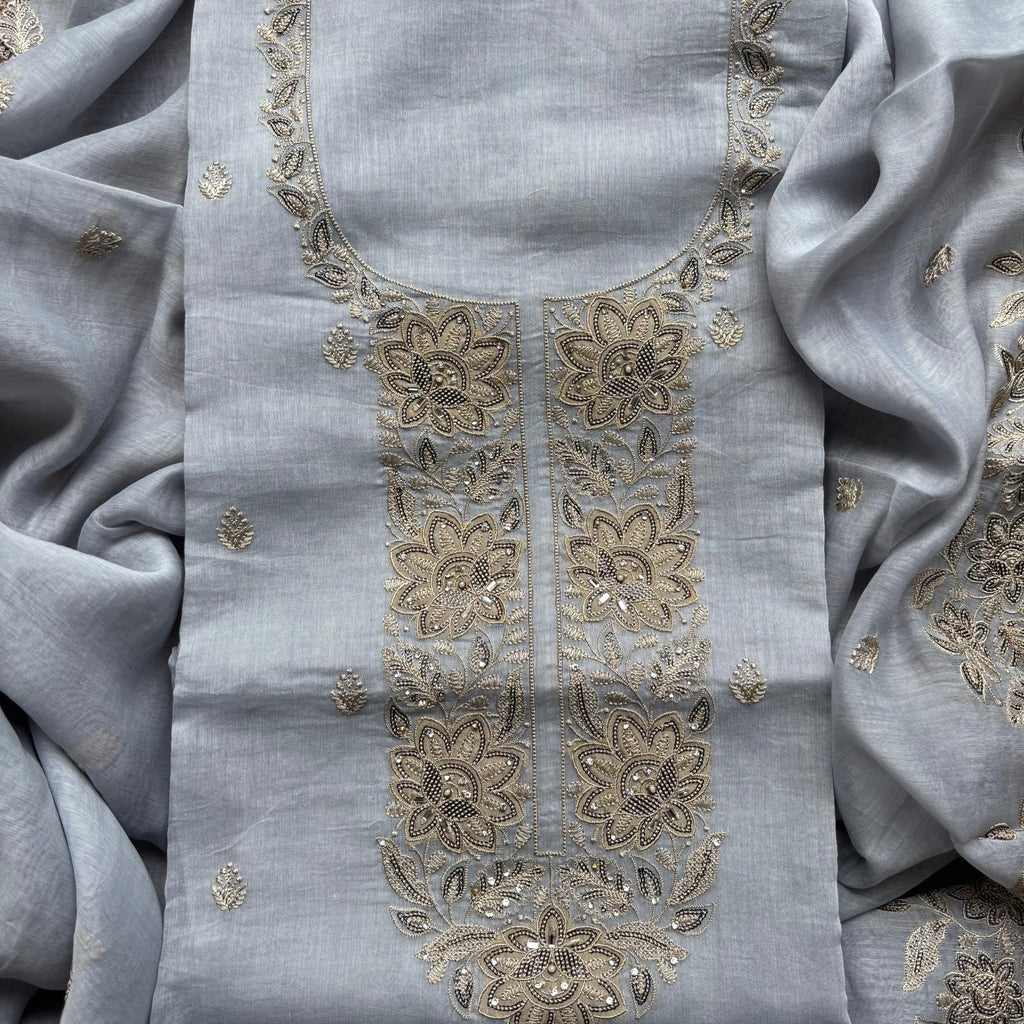 Pure Mulmul Chanderi Unstitched Suit With Sequence Highlights Embroidery