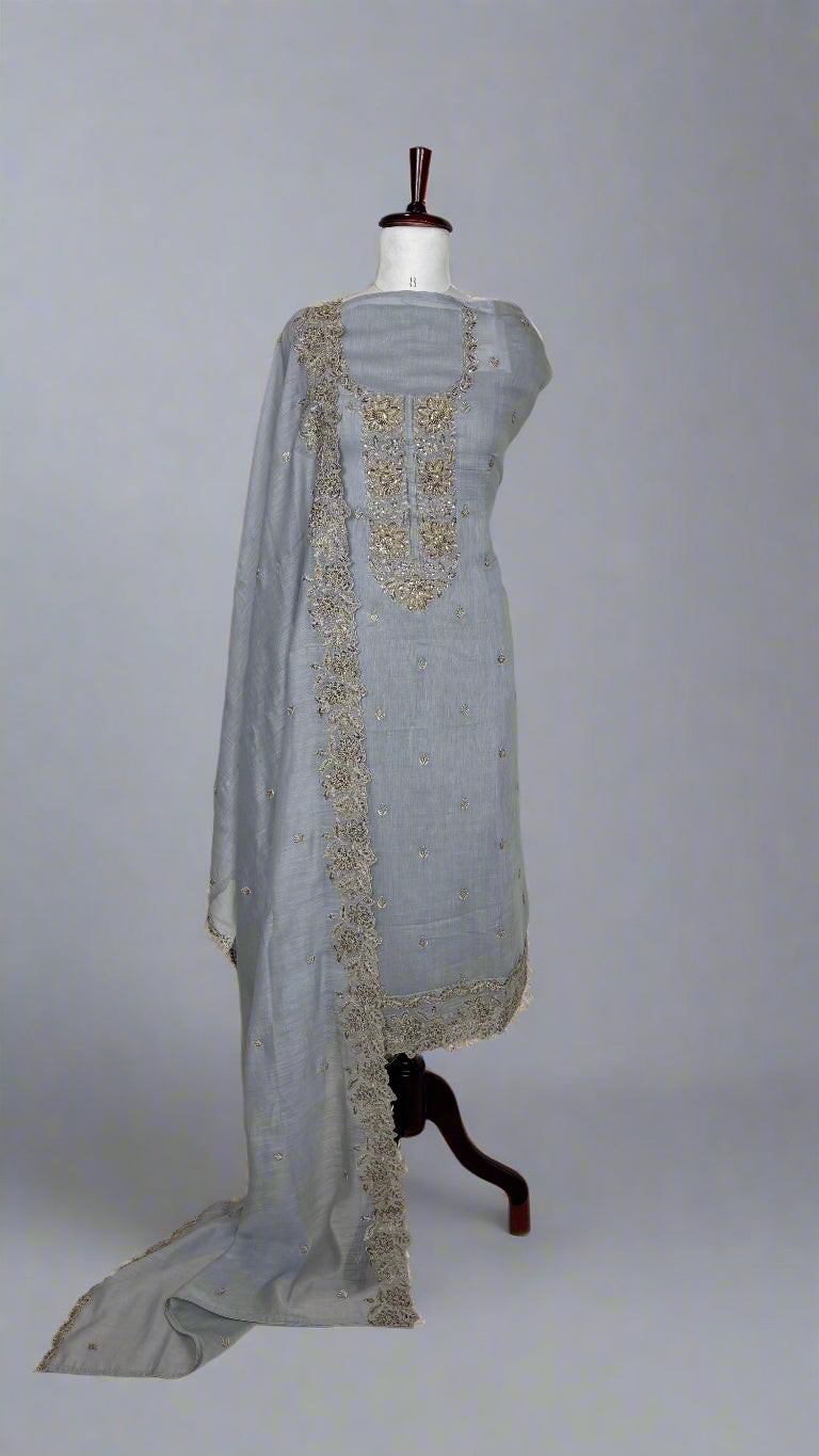Pure Mulmul Chanderi Unstitched Suit With Sequence Highlights Embroidery