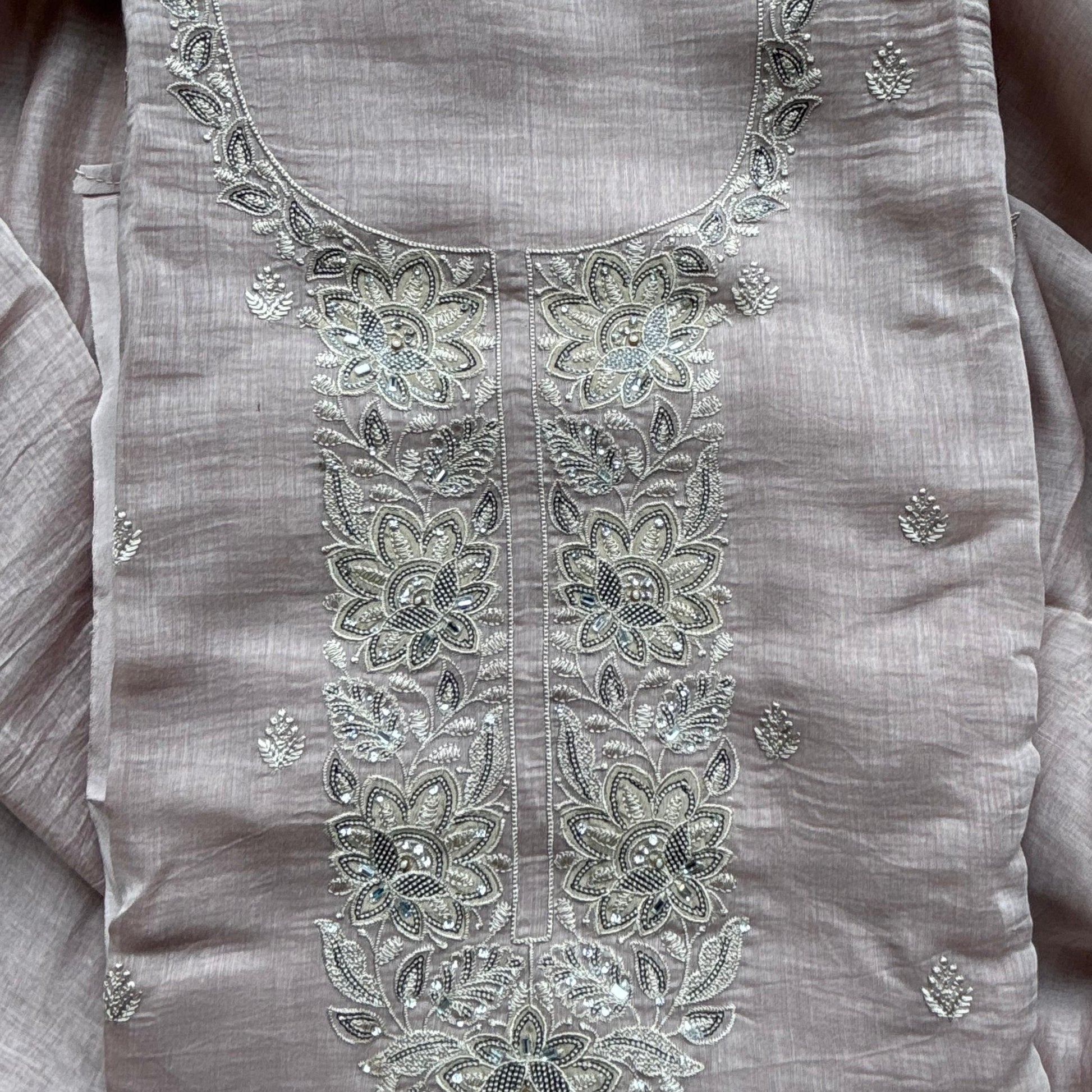 Pure Mulmul Chanderi Unstitched Suit With Sequence Highlights Embroidery