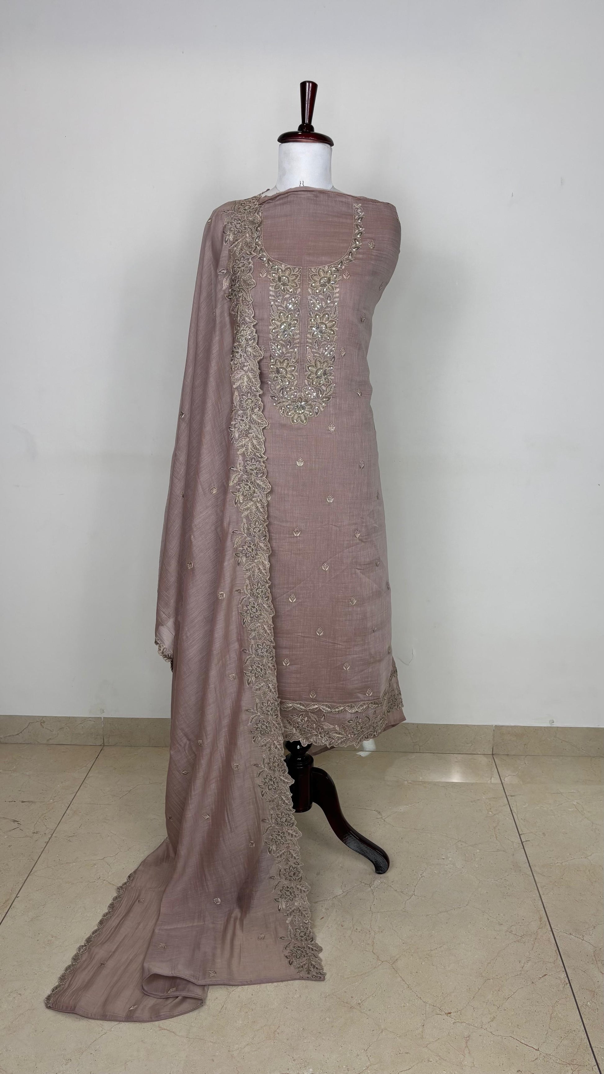 Pure Mulmul Chanderi Unstitched Suit With Sequence Highlights Embroidery