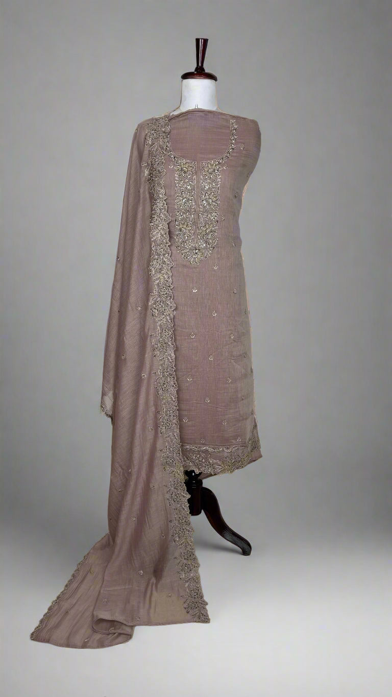 Pure Mulmul Chanderi Unstitched Suit With Sequence Highlights Embroidery