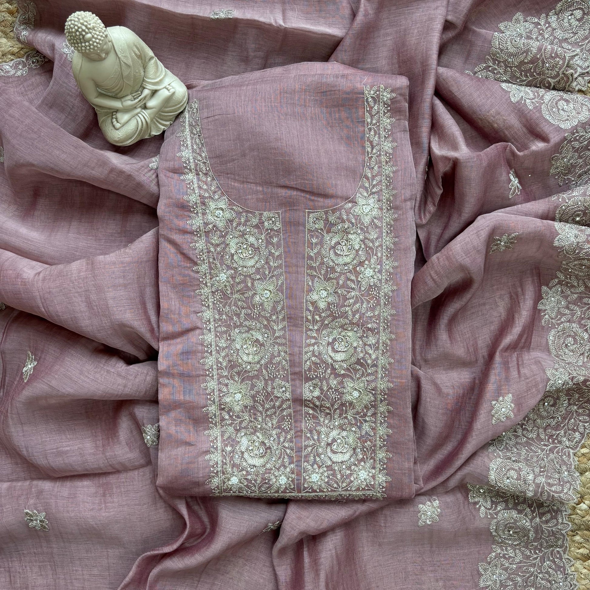 Pure Mulmul Chanderi Unstitched Suit With Sequence Highlights Embroidery