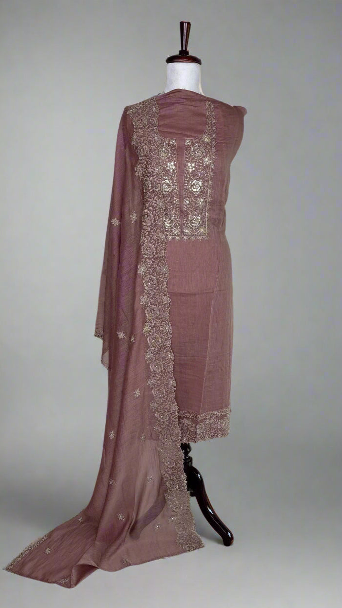 Pure Mulmul Chanderi Unstitched Suit With Sequence Highlights Embroidery
