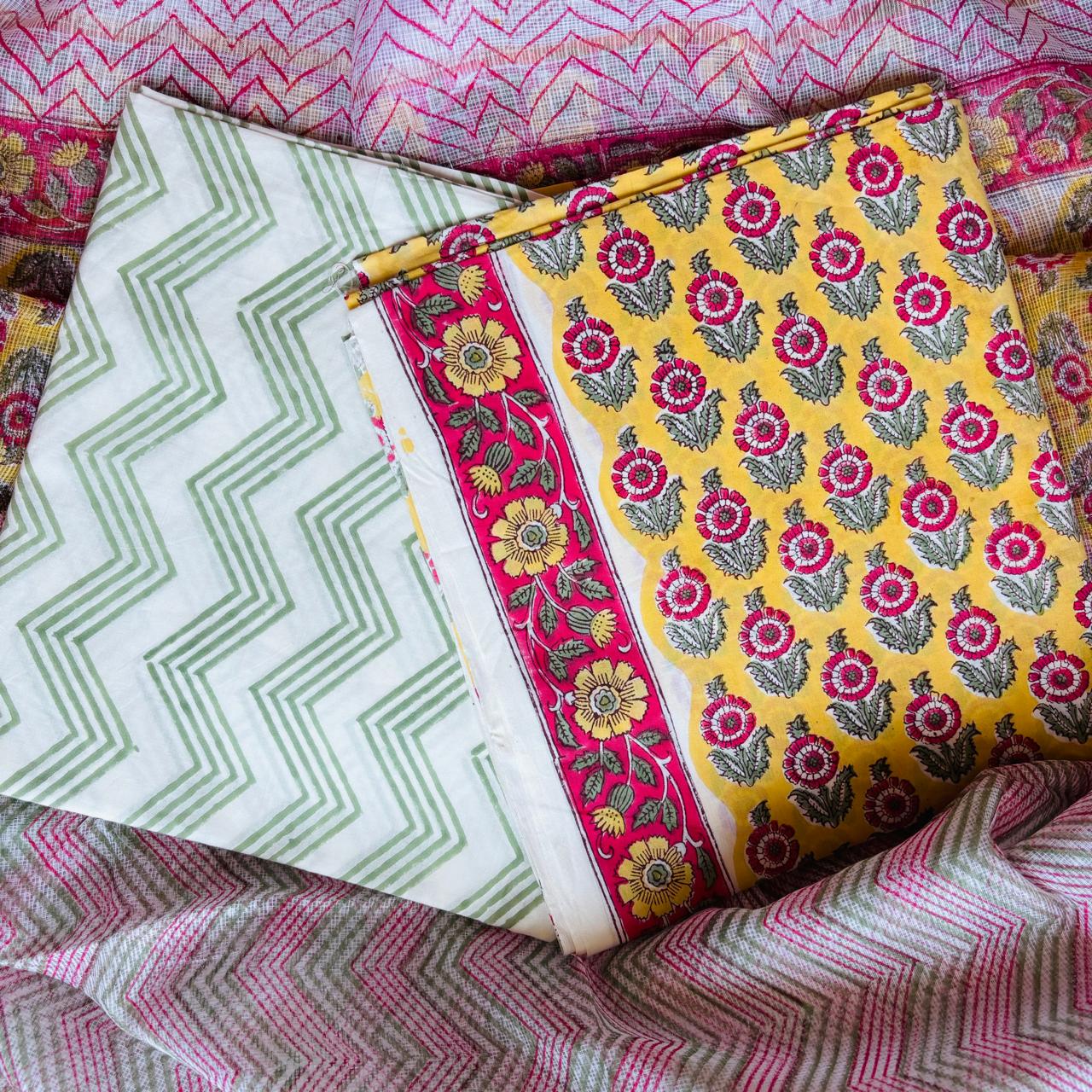 Multicolor Handblock Sukoon unstitched suit