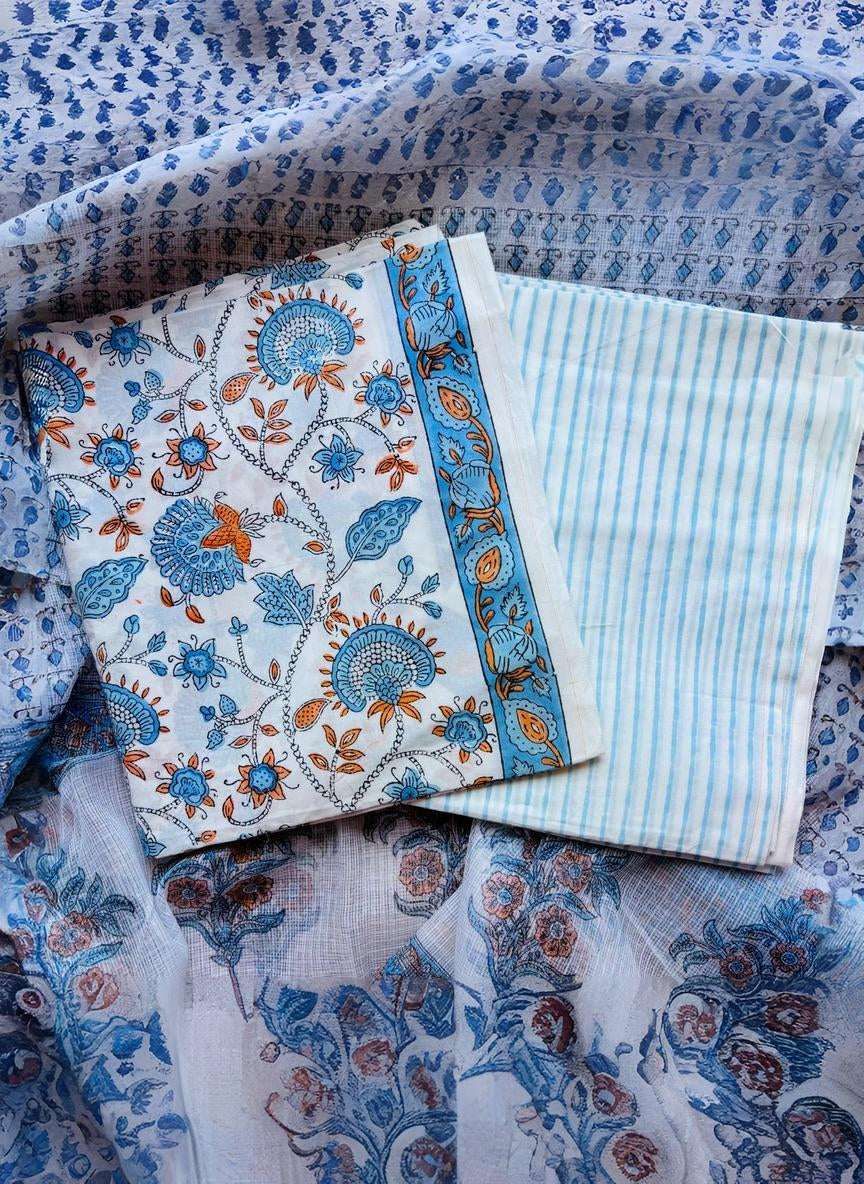 Blue Floral Pure Cotton Handblock Suit with Kota Dupatta – Daily Wear