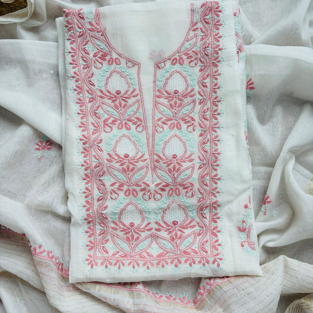Peach Mulmul Luckhnavi thread embroidery with beads (NBA)