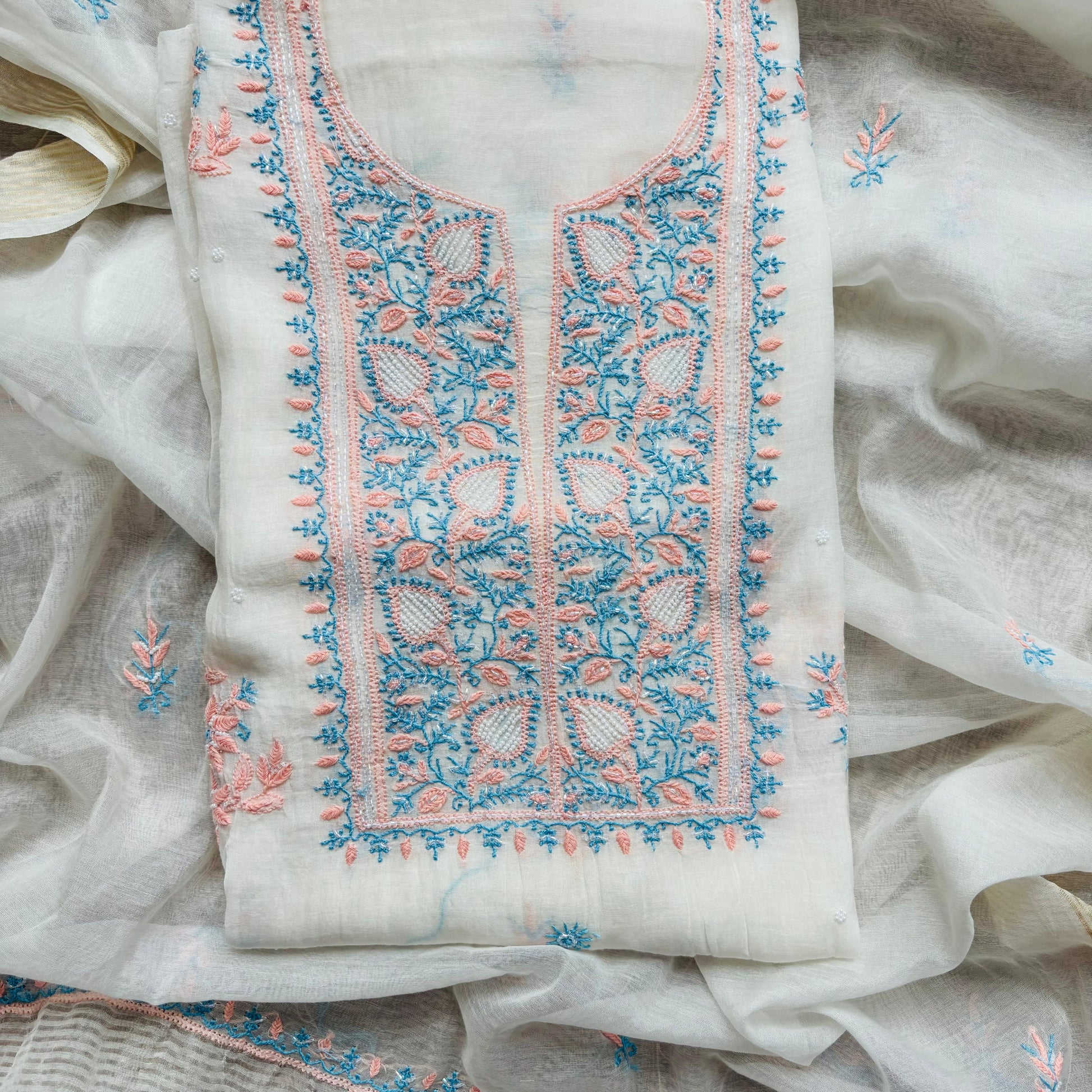 White Mulmul with Luckhnavi Motifs thread embroidery with beads (NBA)