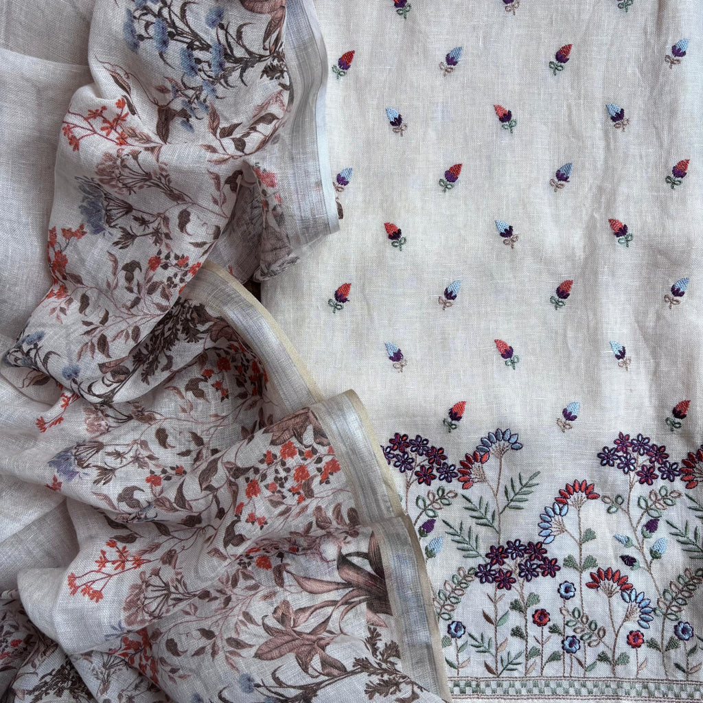White Mulmul Chanderi Applique Floral Embroidery Suit