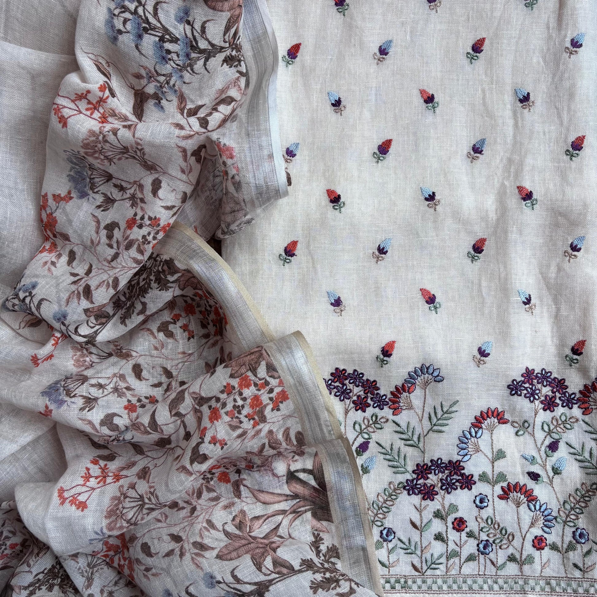 Linen Unstitched Suit with Zari embroidery on neckline and digital print floral dupatta (NBA)