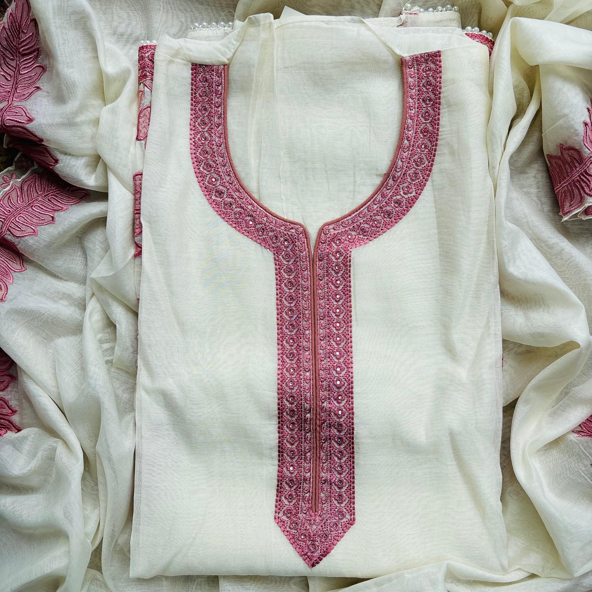 Chanderi Unstitched suit with soft leaves patchwork embroidery