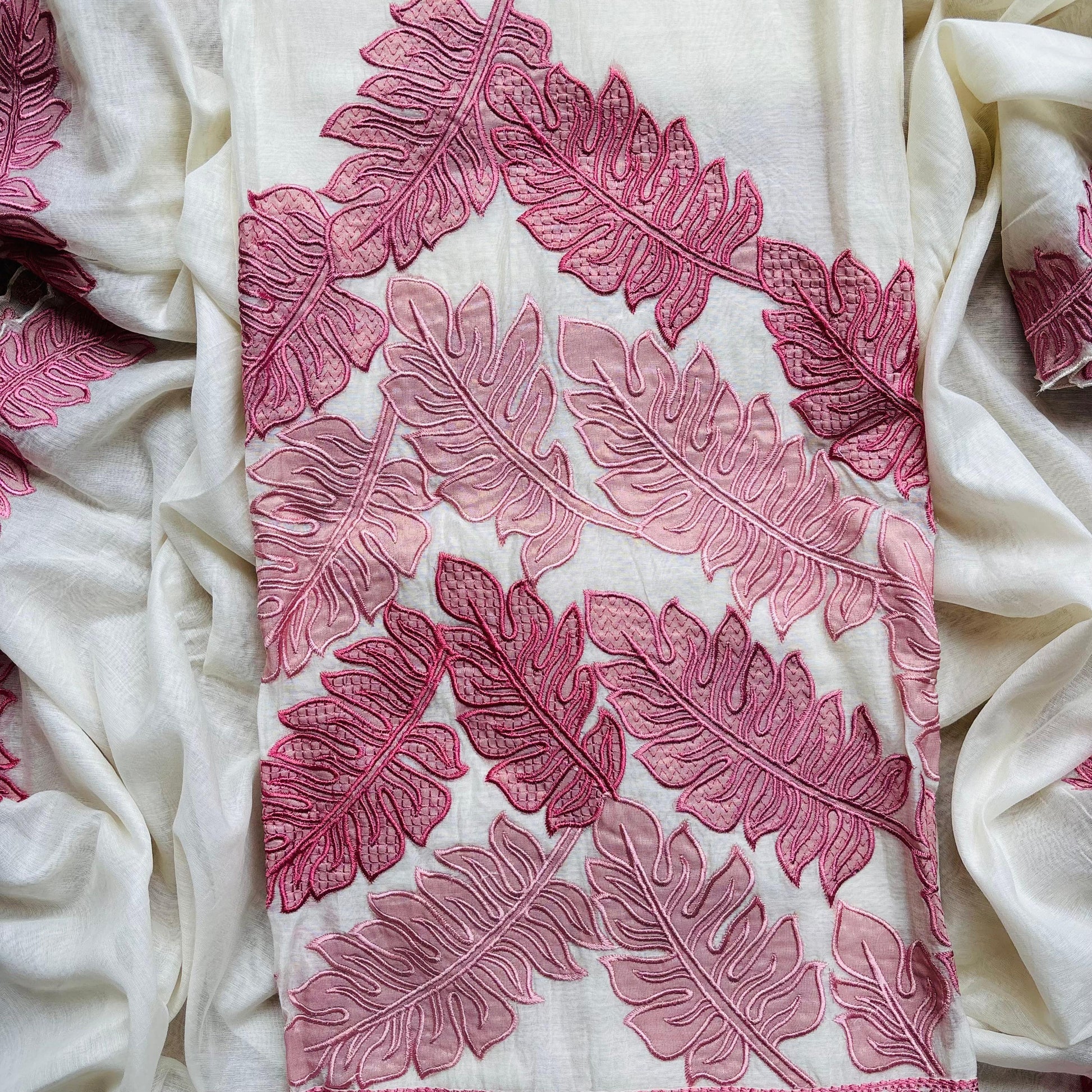 Chanderi Unstitched suit with soft leaves patchwork embroidery