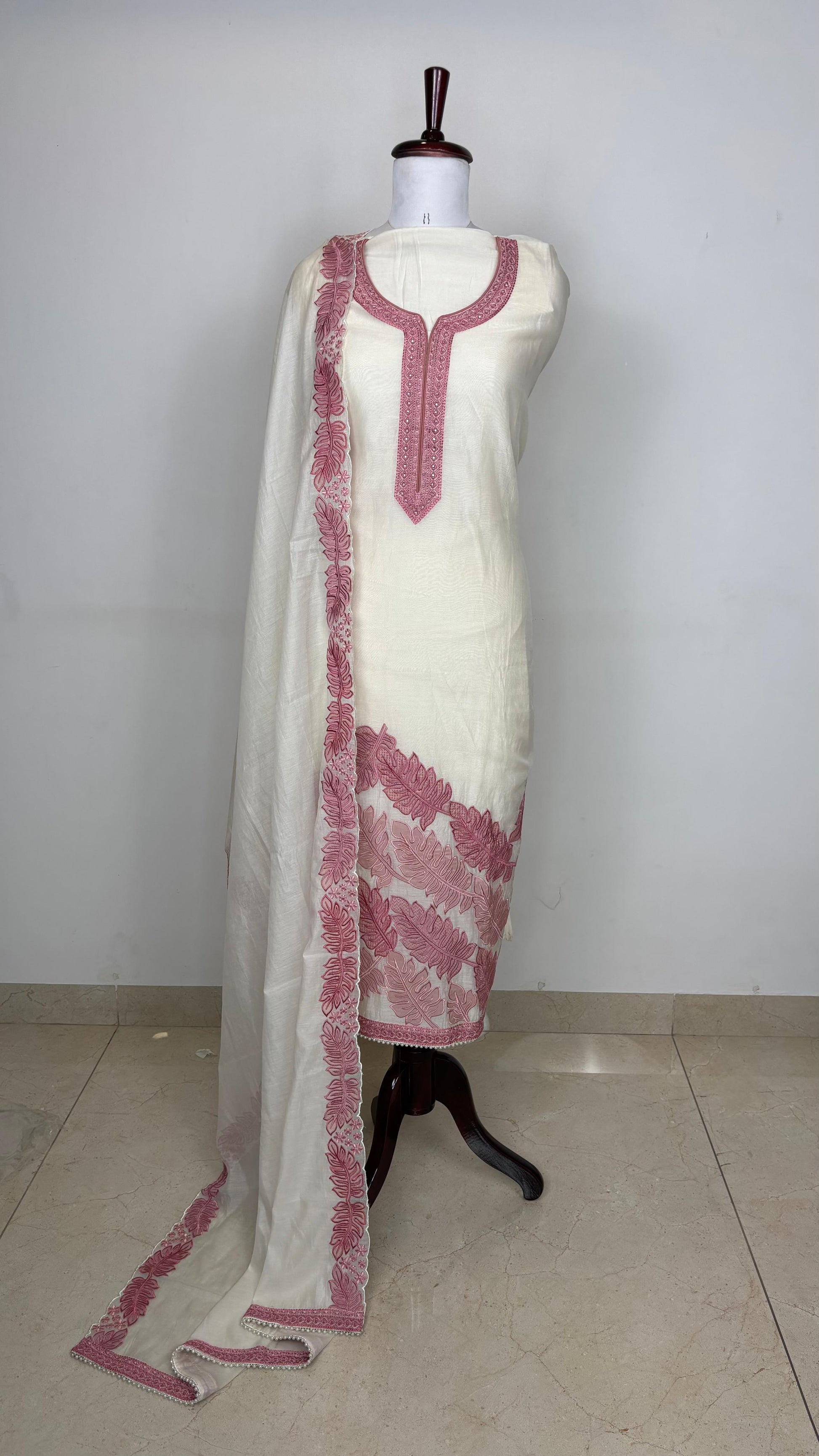 Chanderi Unstitched suit with soft leaves patchwork embroidery