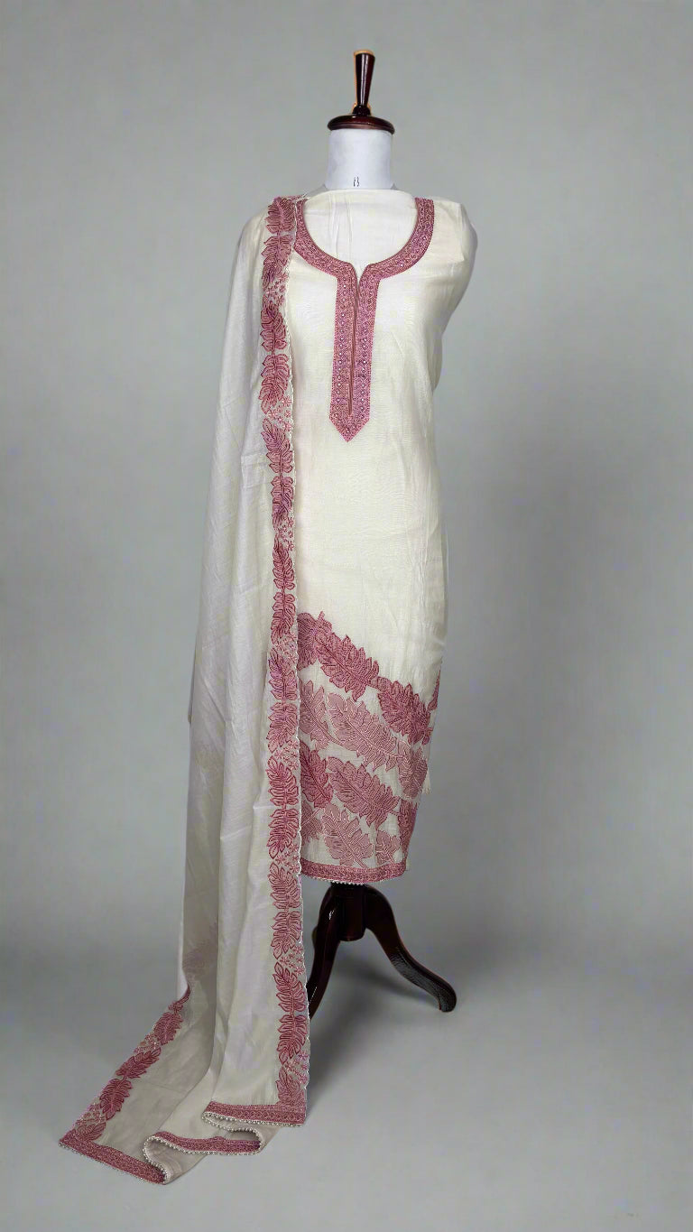 Chanderi Unstitched suit with soft leaves patchwork embroidery
