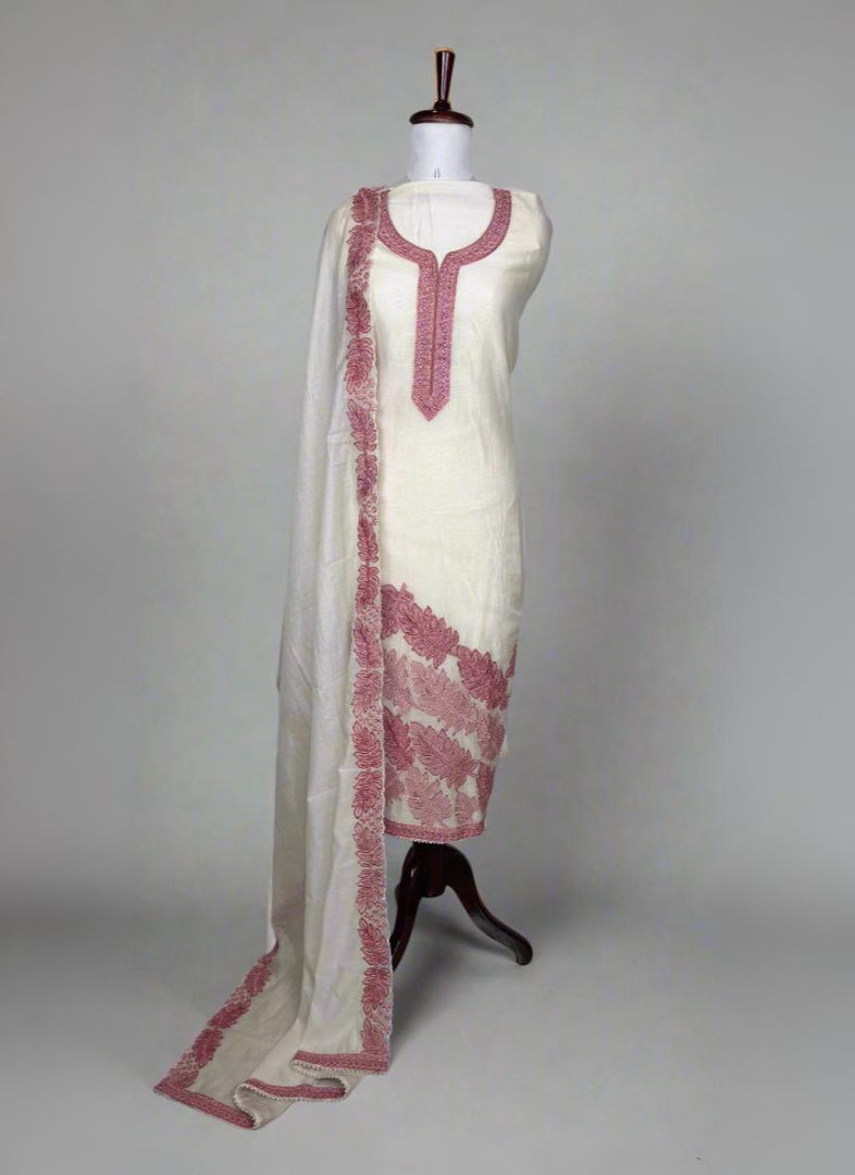 White Mulmul Chanderi suit with soft leaves patchwork embroidery