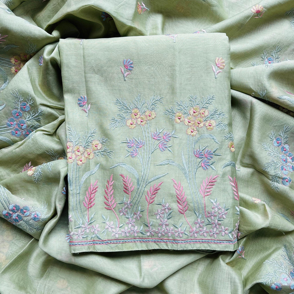 Light Green Mulmul Chanderi floral embroidery Suit