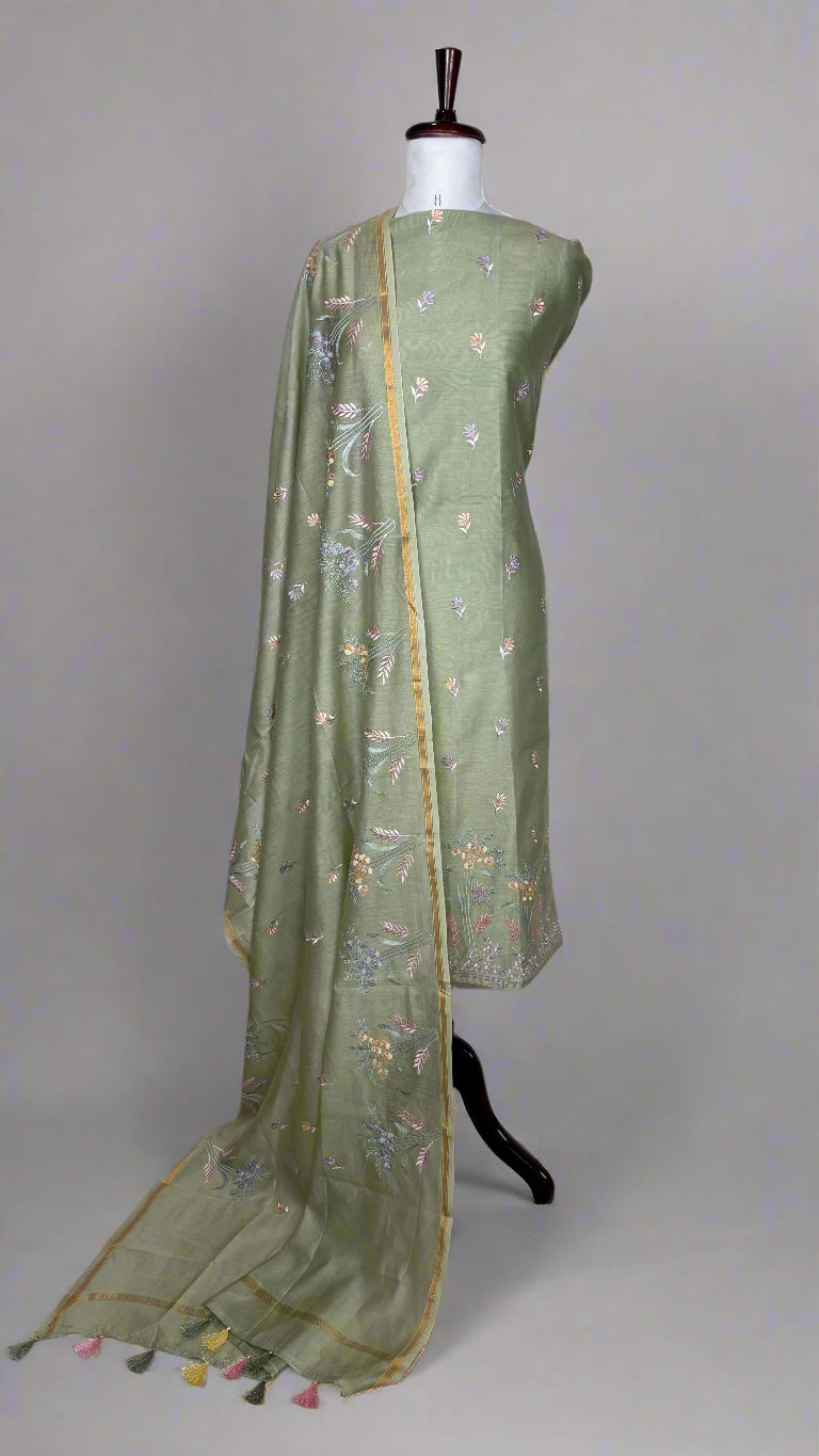 Light Green Mulmul Chanderi floral embroidery Suit
