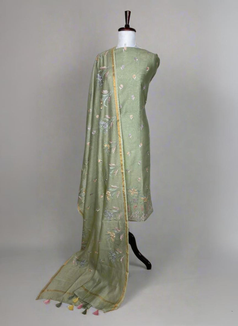 Light Green Mulmul Chanderi floral embroidery Suit