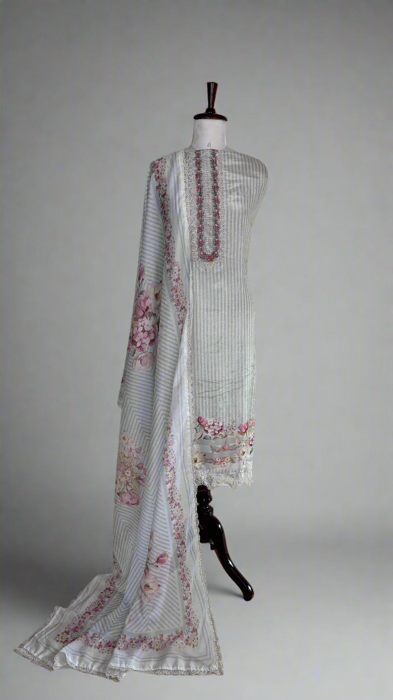 Digital Print Floral Muslin stripes Unstitched suit with laces (NBA)
