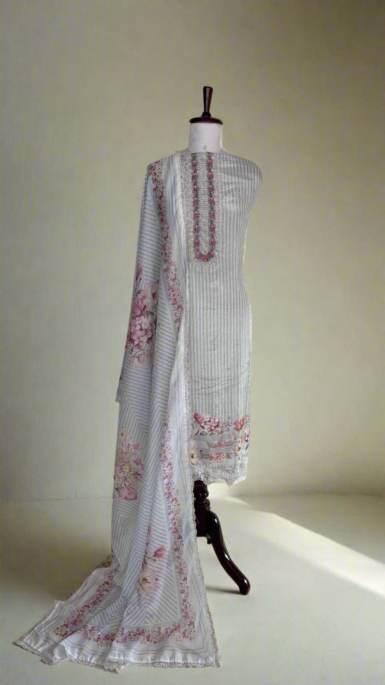 Digital Print Floral Muslin stripes Unstitched suit with laces (NBA)