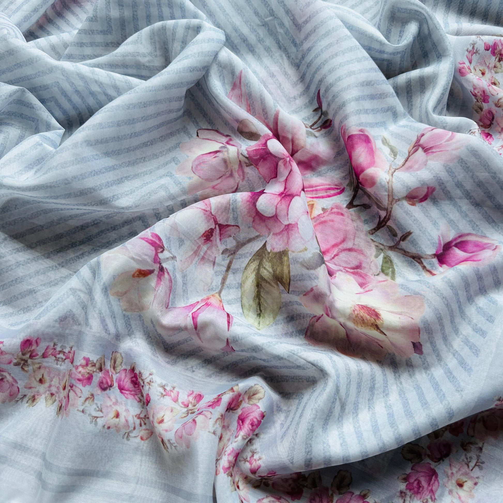 Digital Print Floral Muslin stripes Unstitched suit with laces (NBA)