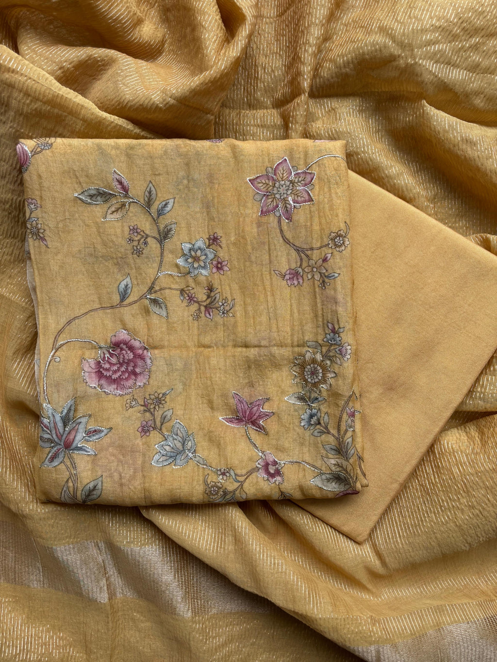 Floral Muslin stripes Unstitched suit with laces