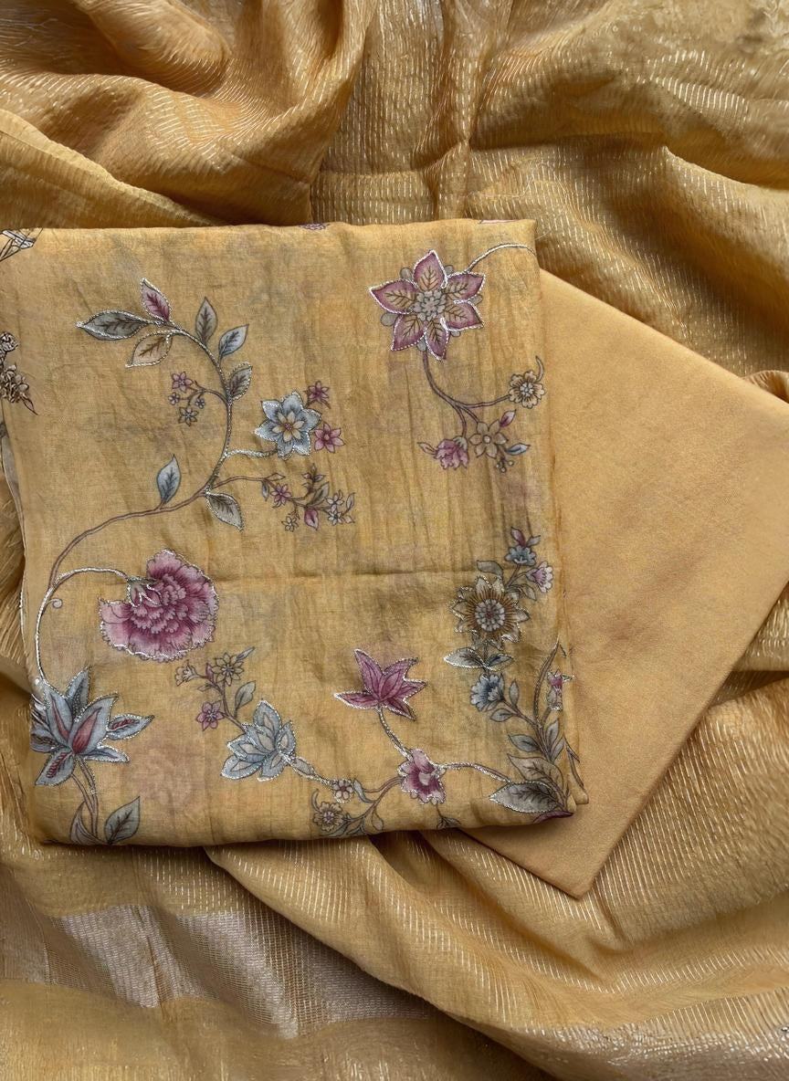 Floral Muslin stripes Unstitched suit with laces