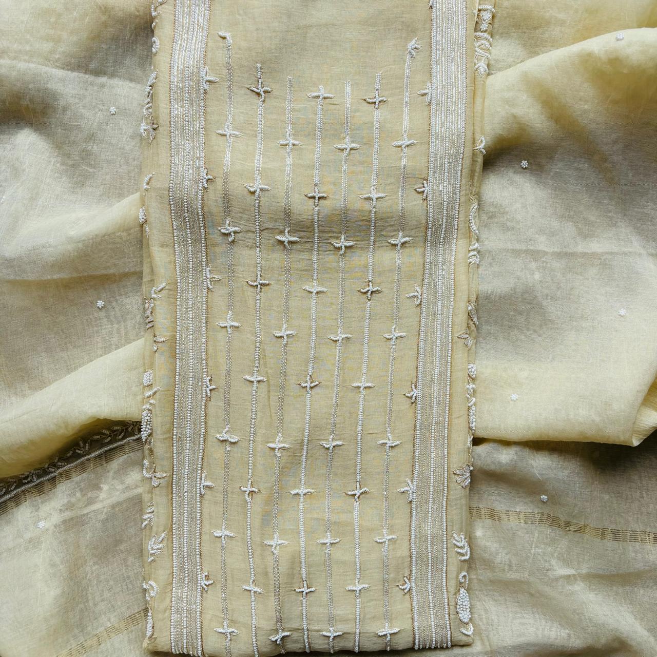 Cream Pure Mulmul Luckhnavi Unstitched Suit with Pearl Embroidery