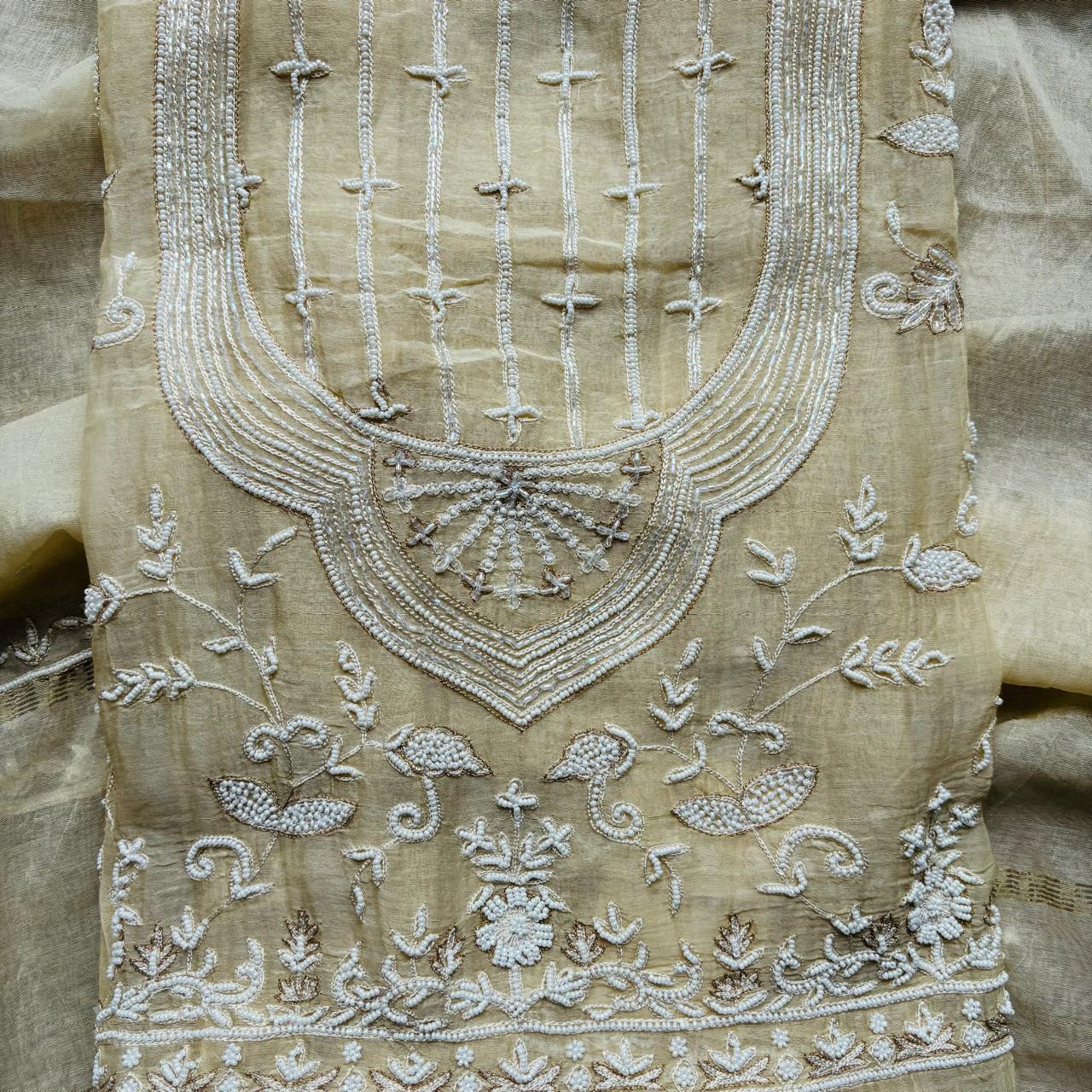 Cream Pure Mulmul Luckhnavi Unstitched Suit with Pearl Embroidery