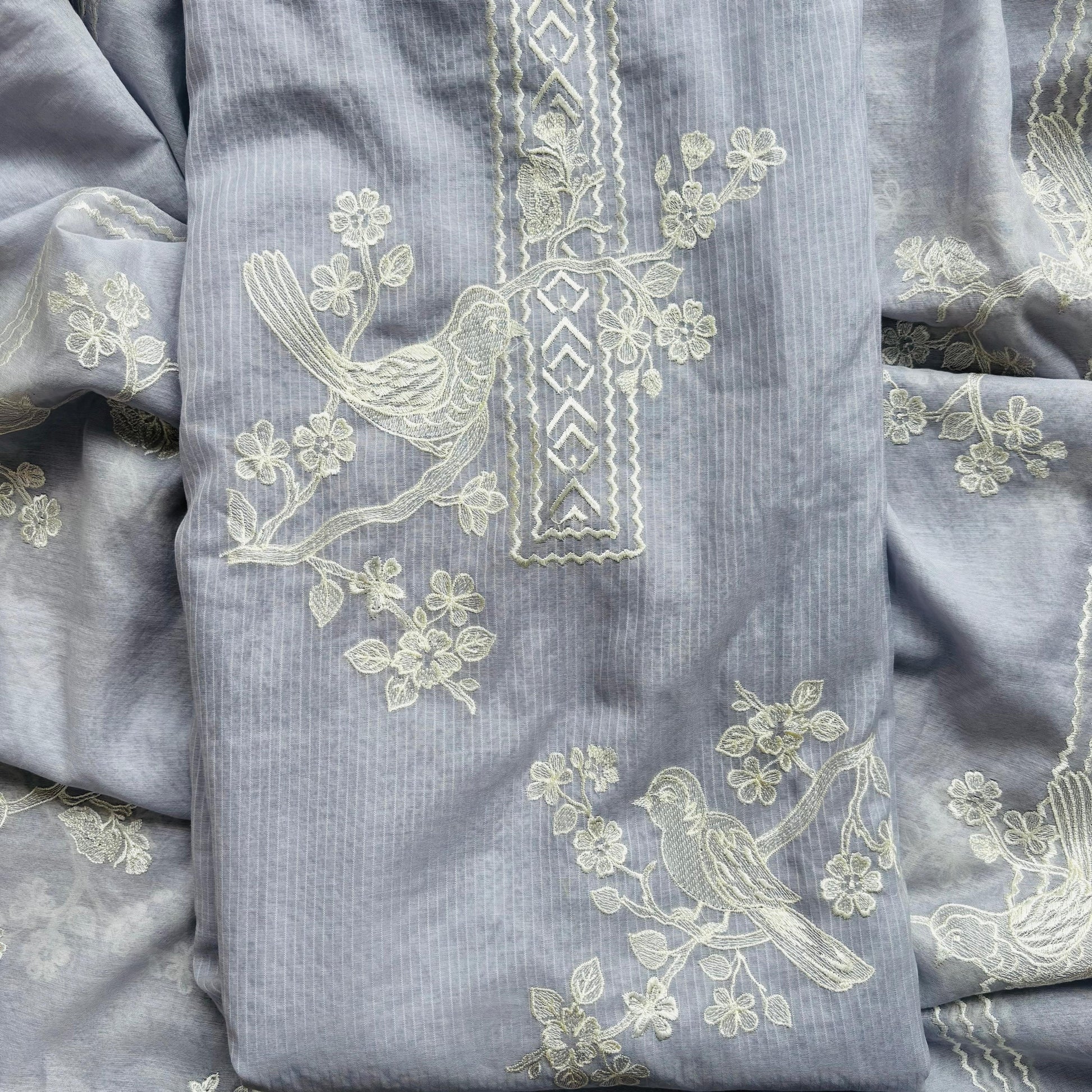 Pure Mulmul Chanderi with stripes and birds embroidery (NBA)