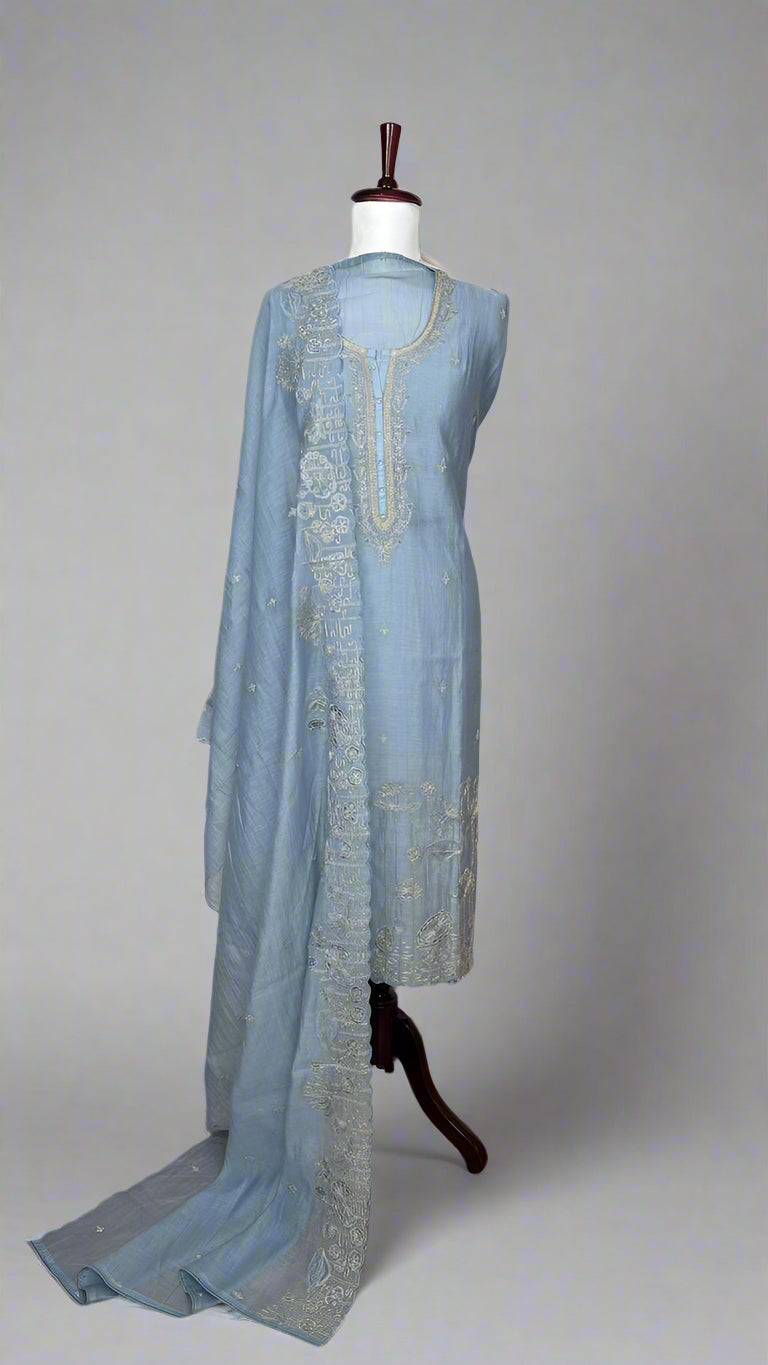 Pure Mulmul Chanderi Unstitched Suit With Zari Thread Embroidery