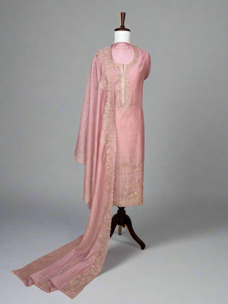 Pure Mulmul Chanderi Unstitched Suit With Zari Thread Embroidery