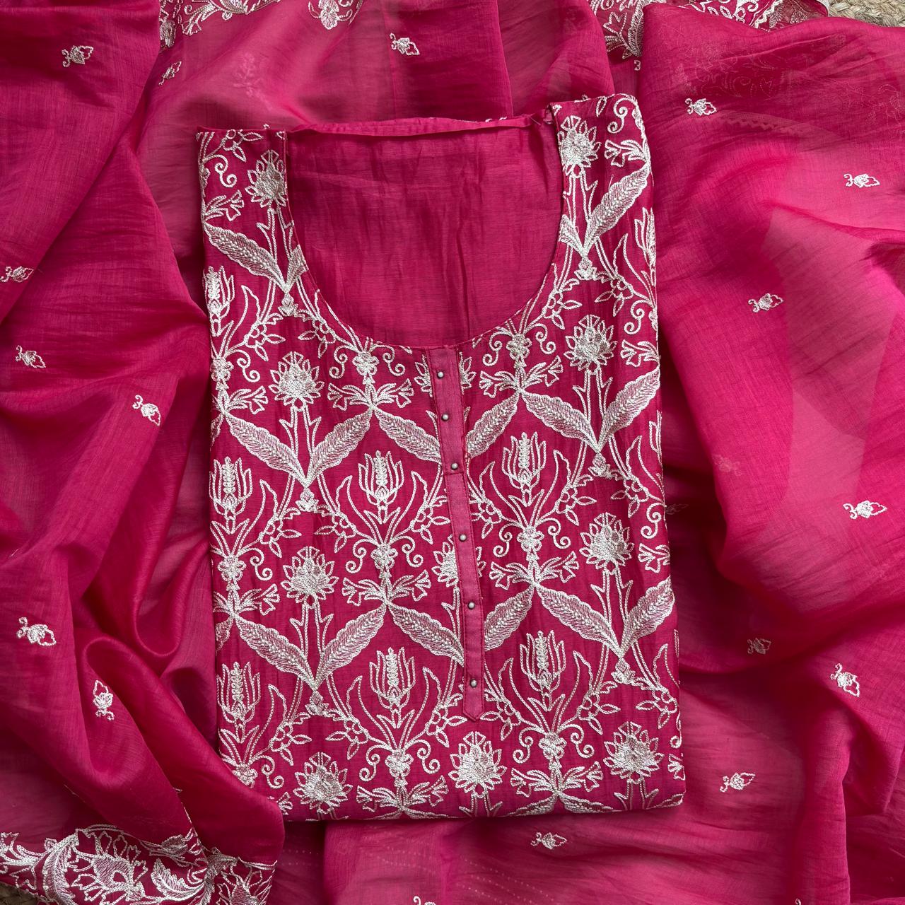 Jaal-e-Bahaar Red Pure Mulmul Chanderi Unstitched Suit