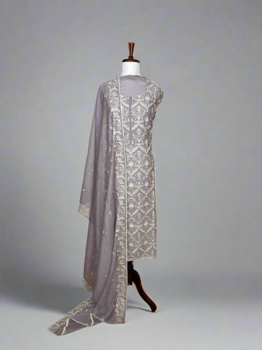 Jaal-e-Bahaar Lilac Pure Mulmul Chanderi Unstitched Suit