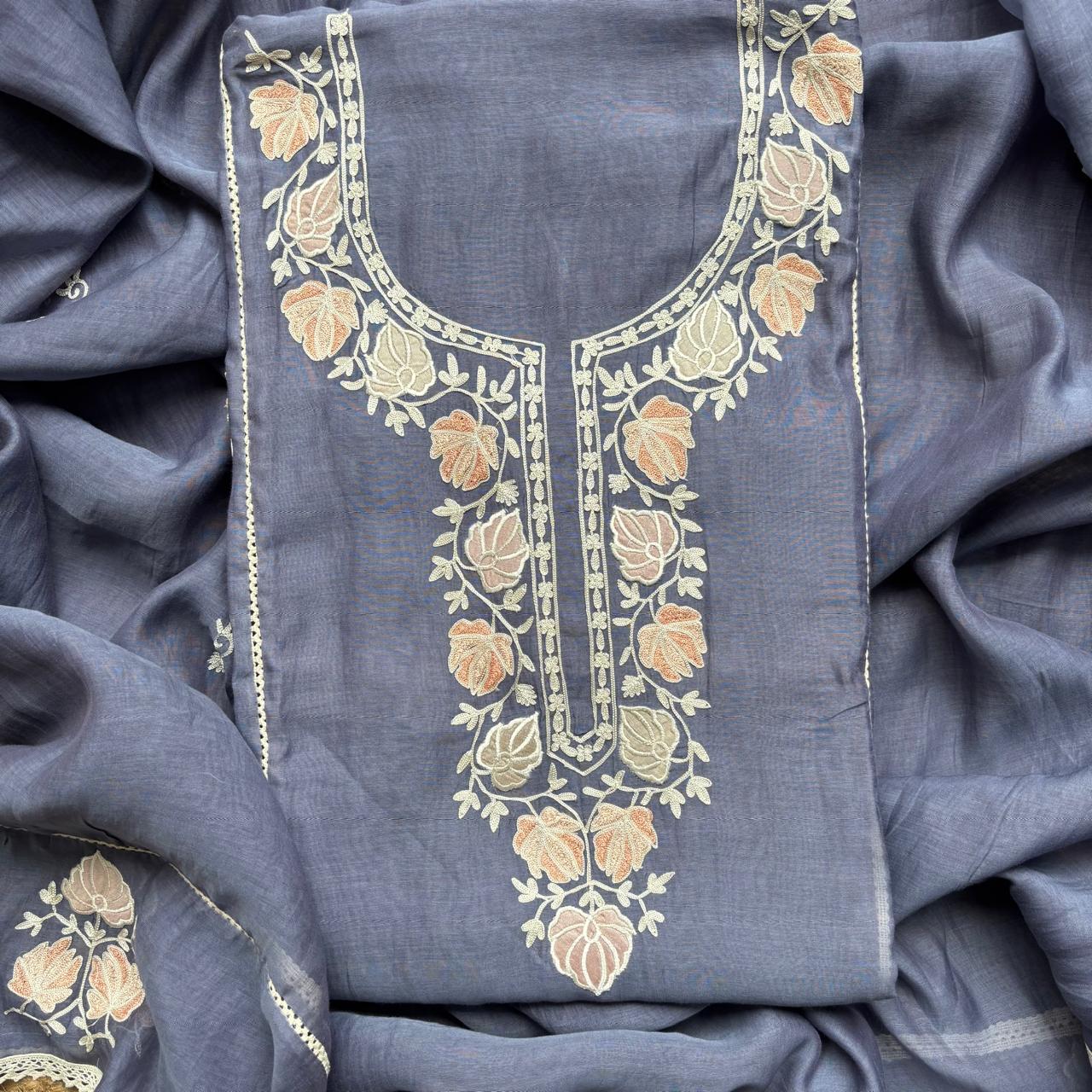 Purple Pure Mulmul Chanderi Unstitched Suit with Kashmiri Embroidery