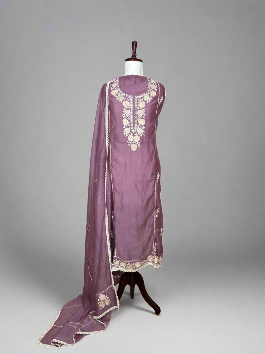 Wine Pure Mulmul Chanderi Unstitched Suit with Kashmiri Embroidery