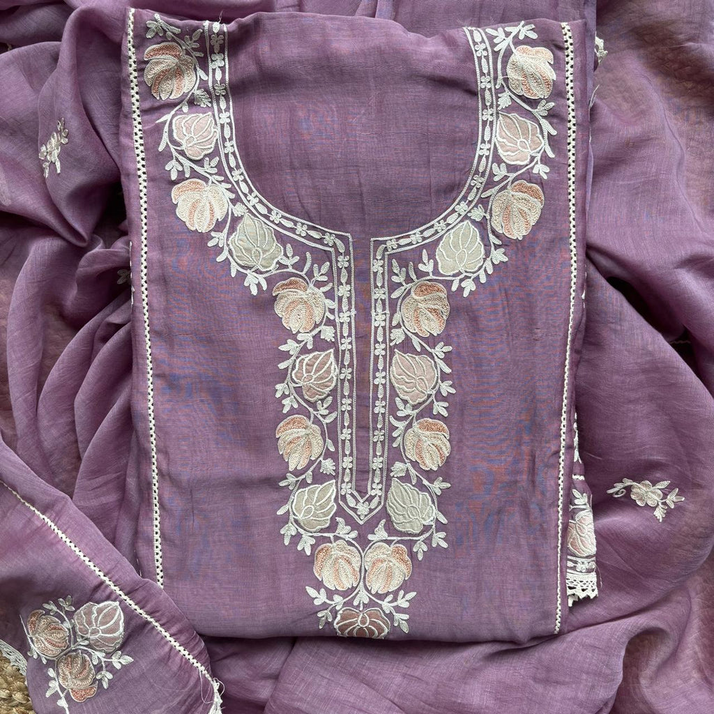 Wine Pure Mulmul Chanderi Unstitched Suit with Kashmiri Embroidery