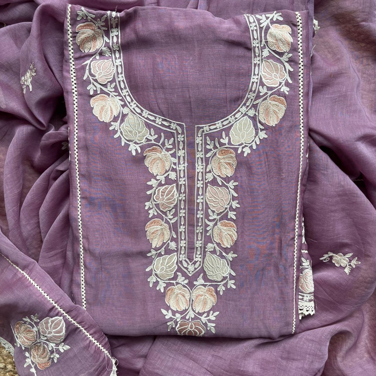 Wine Pure Mulmul Chanderi Unstitched Suit with Kashmiri Embroidery