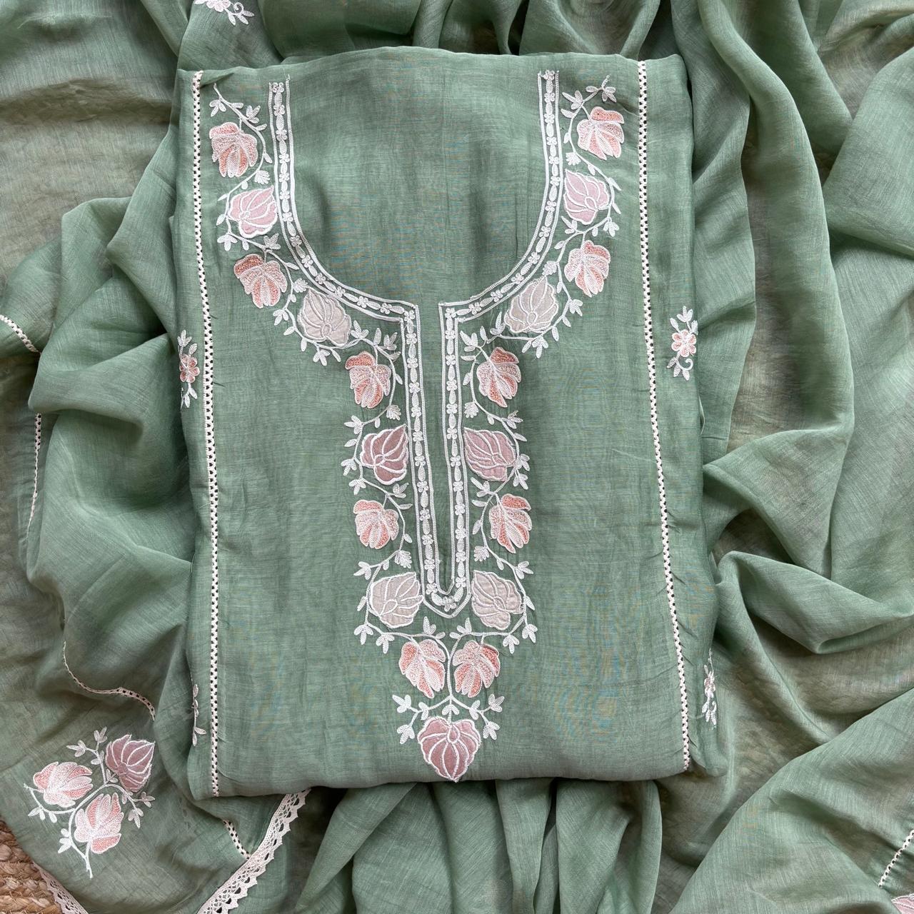 Green Pure Mulmul Chanderi Unstitched Suit with Kashmiri Embroidery