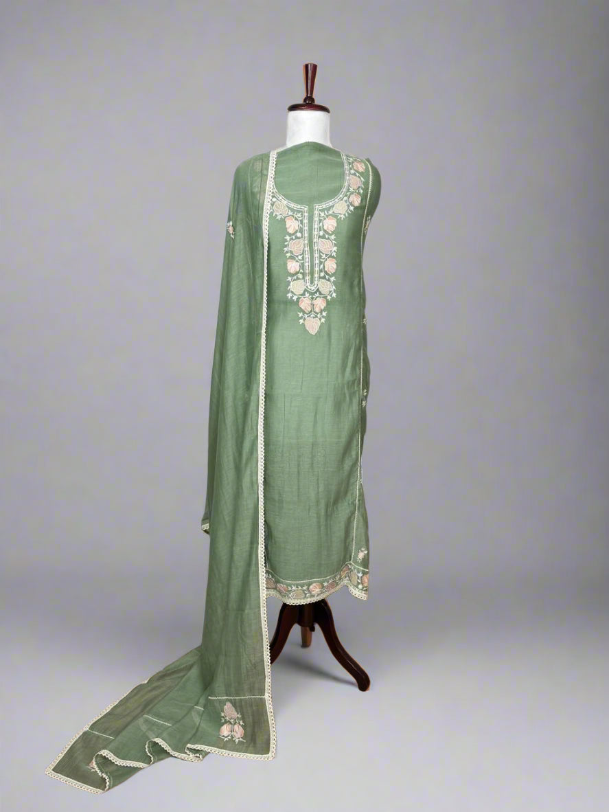 Green Pure Mulmul Chanderi Unstitched Suit with Kashmiri Embroidery