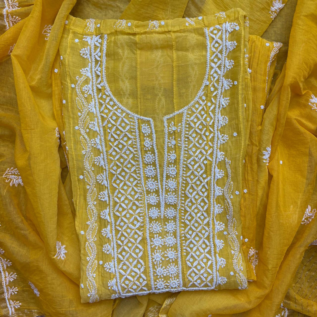 Yellow Pure Mulmul Luckhnavi Ombre Anarkali Unstitched Suit with Pearl Embroidery - Festive wear