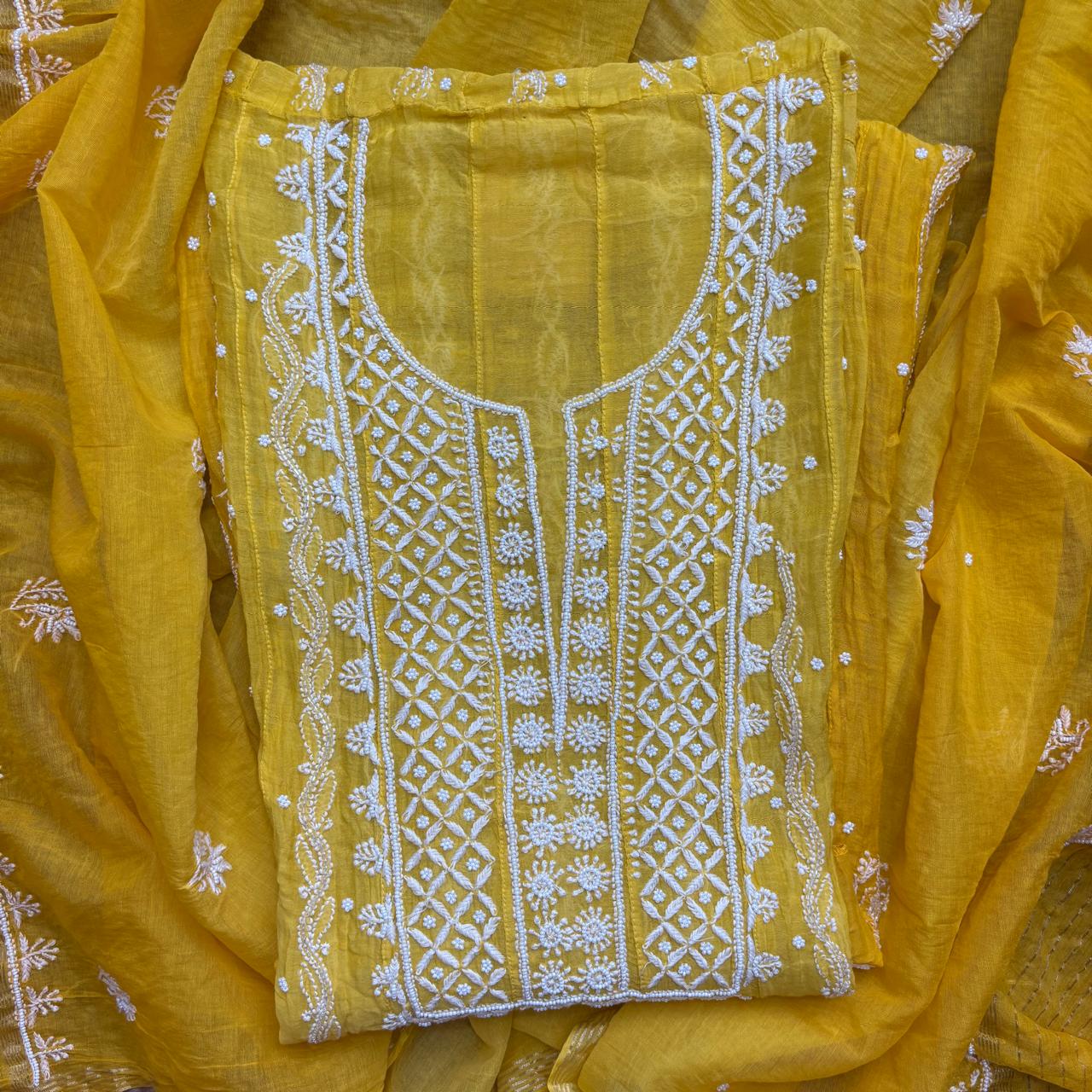 Yellow Pure Mulmul Luckhnavi Ombre Anarkali Unstitched Suit with Pearl Embroidery