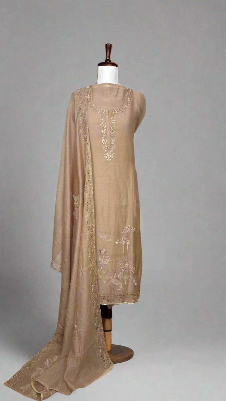 Pure Mulmul Chanderi Unstitched Suit With Zari flowers Embroidery
