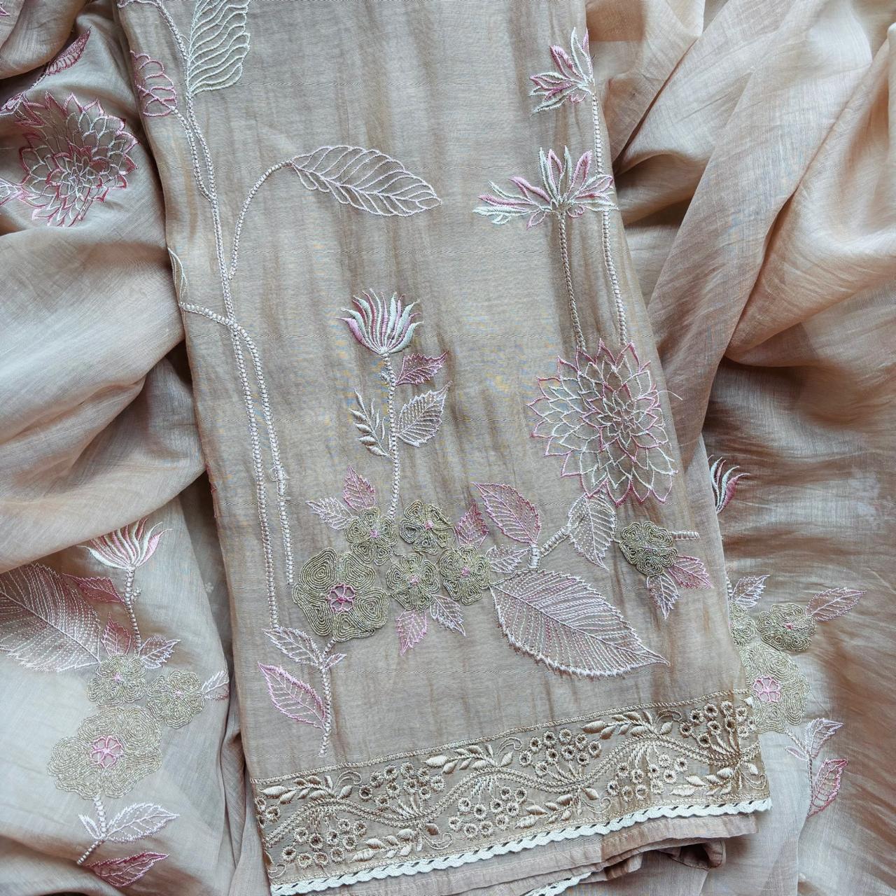 Pure Mulmul Chanderi Unstitched Suit With Zari flowers Embroidery