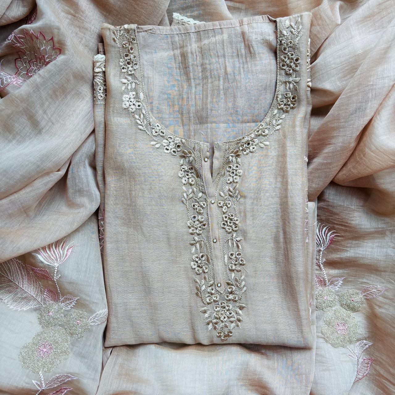 Pure Mulmul Chanderi Unstitched Suit With Zari flowers Embroidery